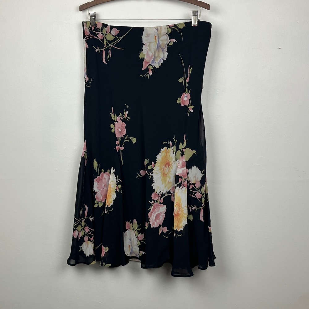 Chaps Bel Air Floral Midi Skirt Black Multi Chiffon L NWT